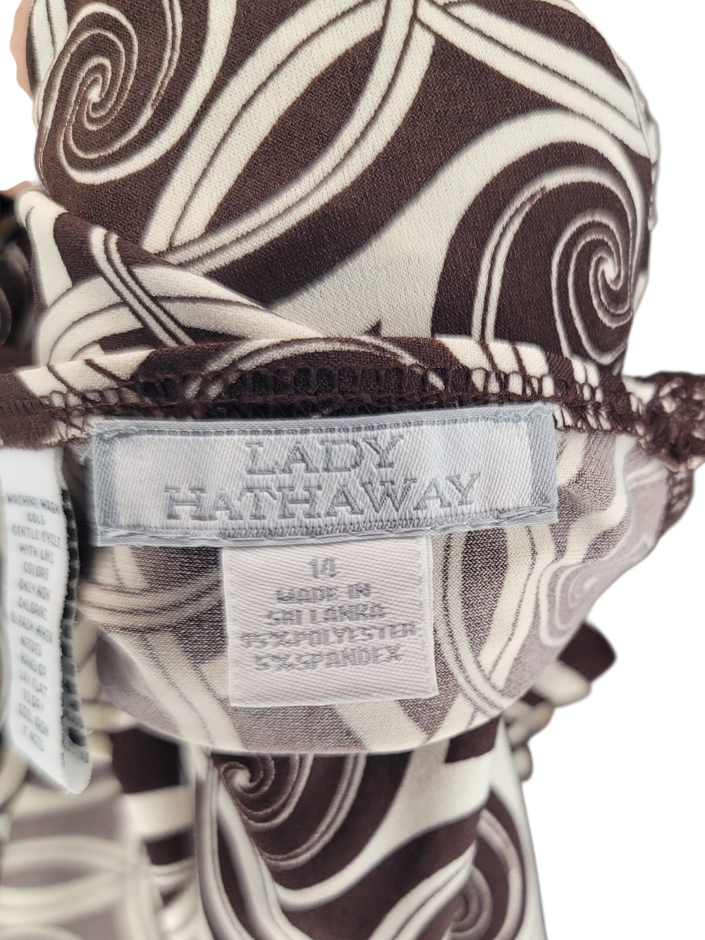 LADY HATHAWAY - Size 14 Patterned Brown and Cream Twist-Front Midi Dress - Picture 8 of 8